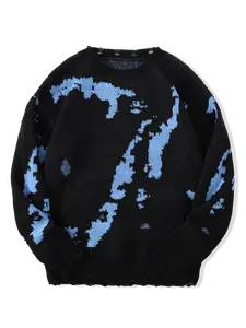 Men's Fitted Random Pattern Ripped Design Drop Shoulder Jacquard Knitted Sweater, Fashion Casual Long Sleeve Round Neck Jumper for Fall & Winter, Fashion Men's Knitwear for Daily Wear