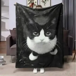 Black White Cat Blanket Comfortable Soft Flannel Suitable Sofas Beds Offices All Season Crazy Cat Lady Essential Animal Lover Gift Idea Birthday Present Minimalist Home Decor