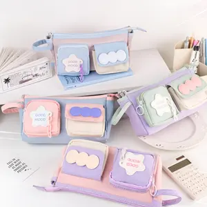 4 layer minimalist pencil case, double layer colour block design with Velcro, dopamine theme, large capacity, canvas material, minimalist style, DIY storage convenient pencil stationery case