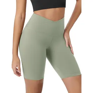 Feeling Crossover Yoga Shorts with Back Pocket for Women, 6" / 8" V High Wasit Lounge Biker Shorts