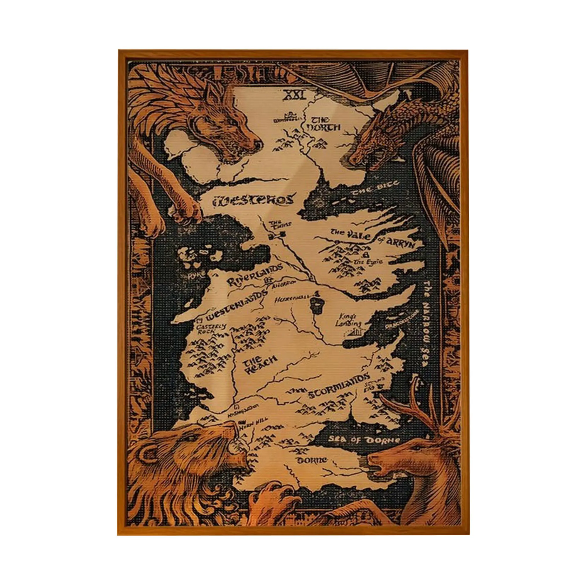 Medieval Fantasy Map Poster, Classic Kingdom Art with Dragon and Lion Wall Art, Gifts for Friends Who Love Movies, Room Decoration, Detailed Depiction of a Kingdom Surrounded by Dragons