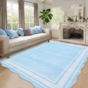 Modern Bordered Rug Scalloped Solid Color Carpet Washable Area Rug Stain Resistant Non-Slip Soft Foldable Rug for Bedroom Hallway Office Laundry Room