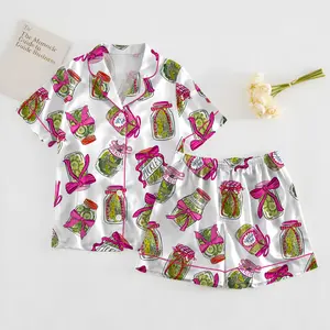 Pickle Short Sleeve Satin Pajama Set, Women’s Pickle Lover Pink Bows Pajama Set, Sleepwear Gifts Nightwear Pajama Satin Long Pants, Gift For Her