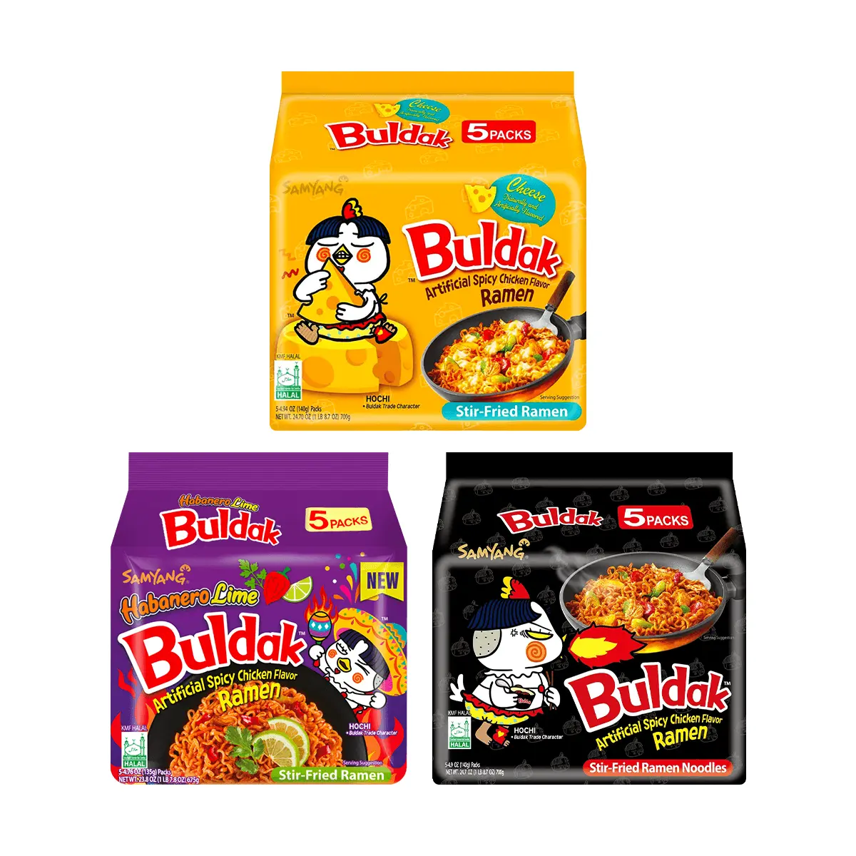 SAMYANG Buldak Spicy Chicken Noodles - 15 Pack (Super Spicy, Cheese, & Lemon Flavor) | Korean Instant Noodles