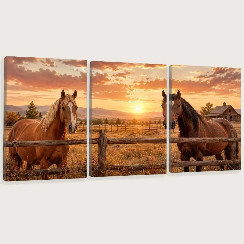 3-Piece Wood-Framed Horse Canvas Wall Art Set, Chic Farmhouse Arts with Sunset Ranch Prints & Fence Design, Western Decor for Living Room, Kitchen, Lodge Office, Decoration, Warm Sunset Horse Ranch Design
