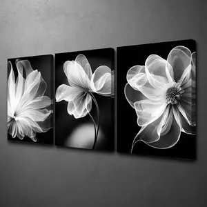 3-Piece Framed Black and White Abstract Floral Flower Print Wall Art, Pine Wood Home Decor, Modern Decoration for Living Room, Bedroom