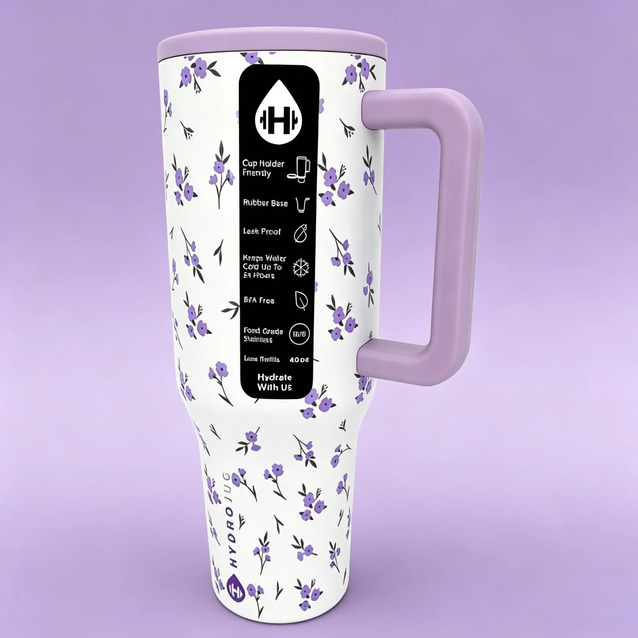 HydroJug 40-oz Stylish Purple Floral Vacuum Tumbler, Stainless Steel Flask with Handle, Leak-Proof, BPA-Free, Cup Holder-Fit, Long-Lasting Cold Drinks, Ideal for Iced Coffee, Car Use