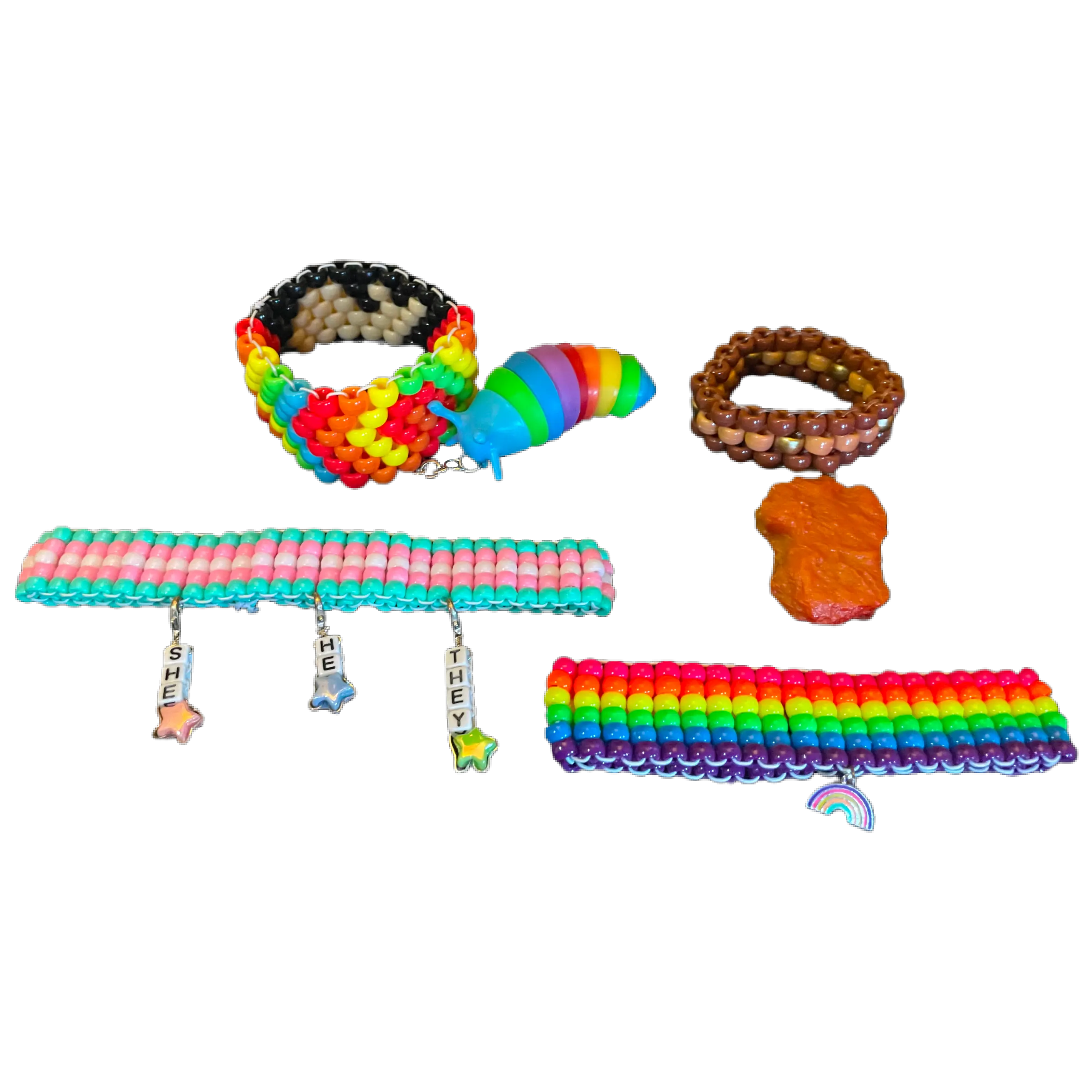 Kandi Cuffs and Necklaces (Pride and Novelty Themes, Snail, Chicken Nugget etc.)