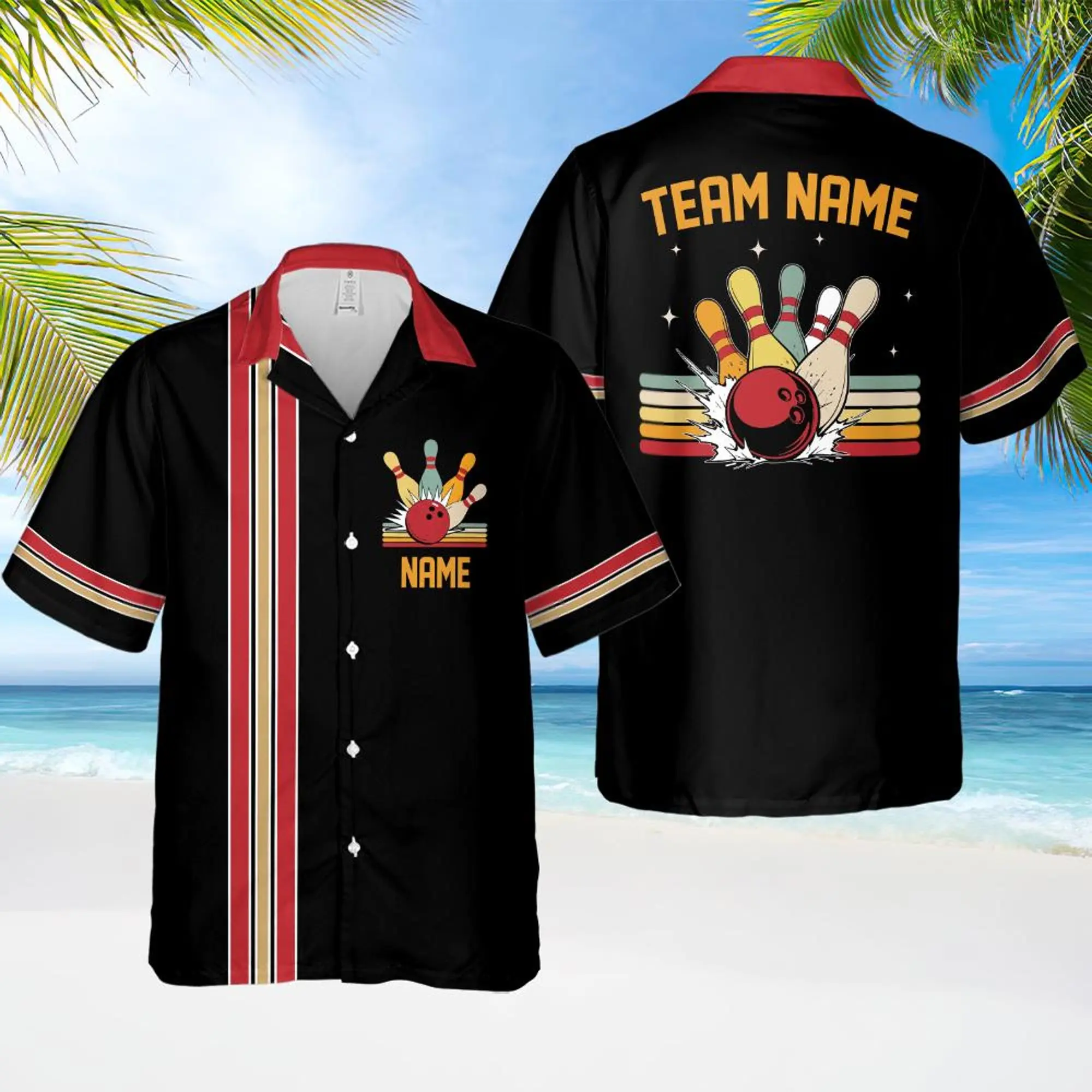 Personalized Retro Bowling Hawaiian Shirt, Custom Name Button Down Shirt, Matching Bowling Team Shirt, Bowling Lover Gift, Bowling Shirt