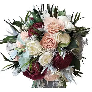 Succulent Bridal Bouquet, Wooden Flower Bouquet with Succulents, Blush Pink and Burgundy Flowers