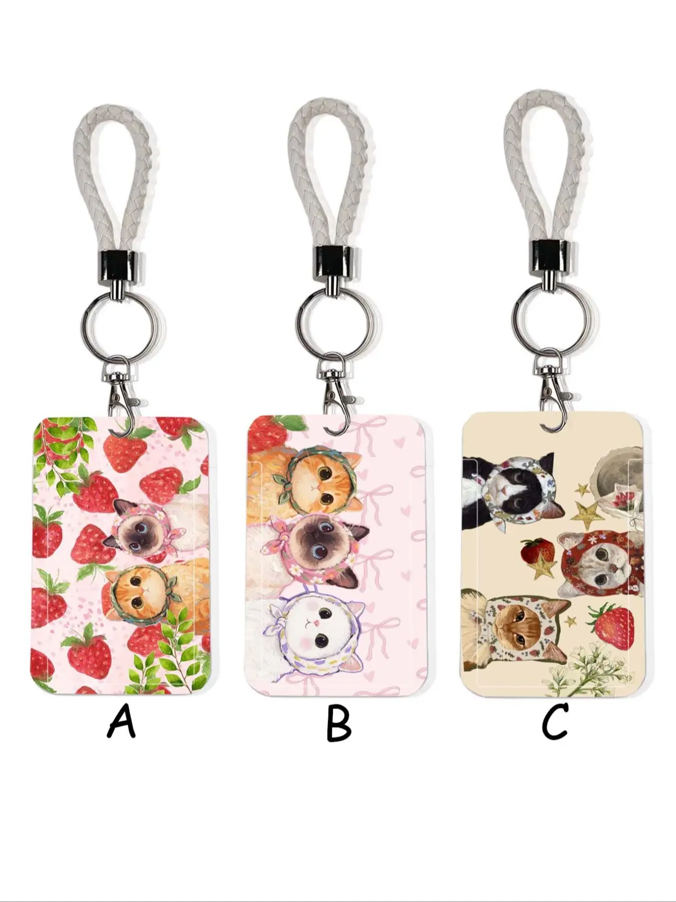 Strawberry Cat Keychain Charm, Bag Decoration, Student ID Card Protection Case, Unique Pattern Design, Suitable for Office School Travel, Cute Keychain