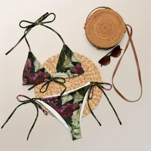 Green Floral Bikini Set – Sexy Triangle Top Swimsuit, Boho Style Two Piece Swimwear, Adjustable Bathing Suit, Vacation Beach Outfit, Trendy Summer Womenswear 2025