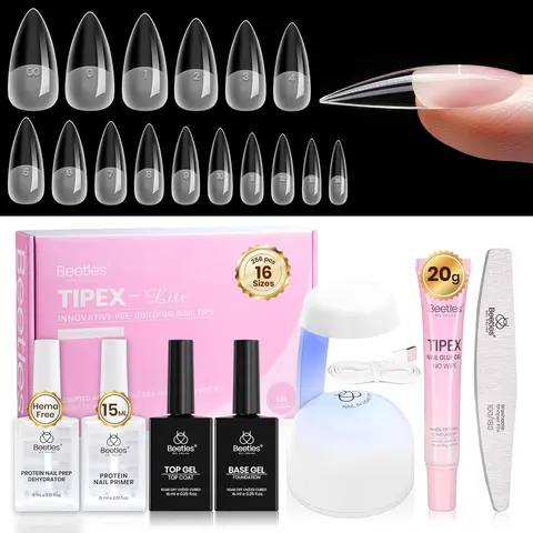 Beetles Tipex Lite Acrylic Press On Nails Kit - 256 PCS, 16 Sizes (Square, Stiletto Almond Fit, Coffin), Pre-Etched Thick Full Covers, Glue, Base & Top Coat, Prep Kit, Mini UV Lamp for Easy Glamorous Nail Extension DIY Manicure Gift for Women