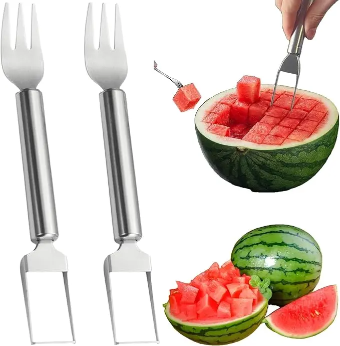 【SummerVibes】Premium Stainless Steel Dual End Watermelon Cutting Tool, Household Fruit Dicer for Neat Melon Chunks, Reusable Summer Accessory Suitable for Picnic, Camping, Family Gathering
