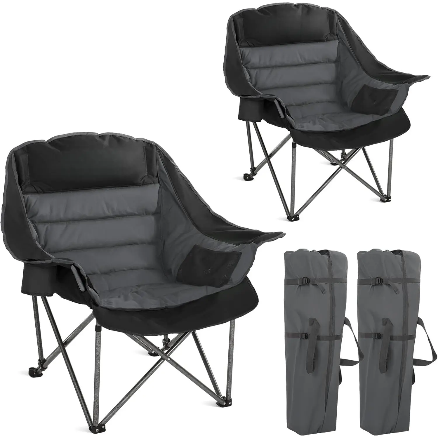 Oversized Camping Chairs Set of 2, Padded Camping Chair Heavy Duty Lawn Chairs for Adults, XL Foldable Camp Chair for Outdoor Sports, Baseball, Wide Seat Support 450LBS - Black and Grey