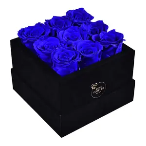 9 Royal Blue Roses - Black Square Velvet Box