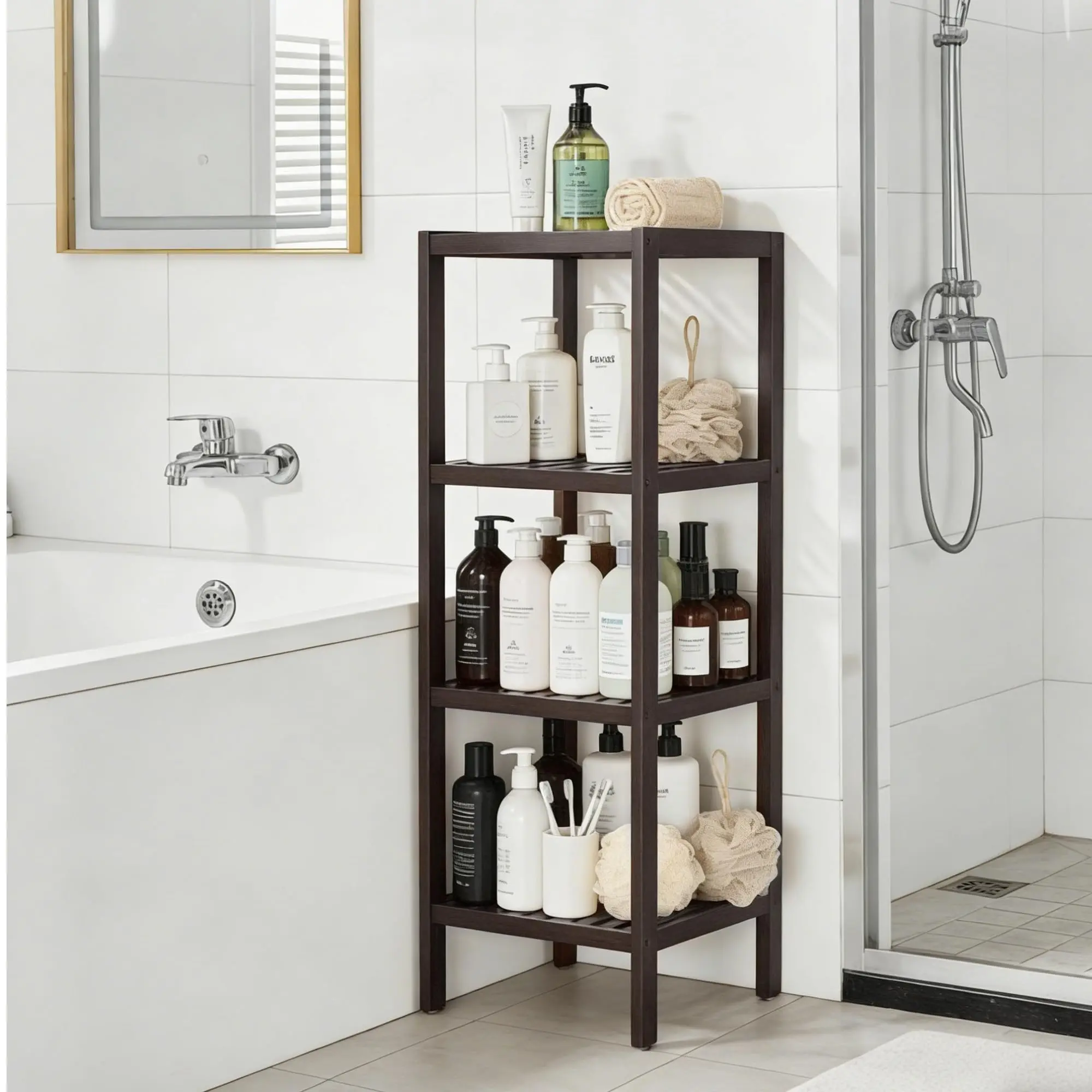 4-Tier Natural Bamboo Shelf, Narrow Slatted Wood Standing Rack – Towel Rack, Plant Stand, Corner Shelf for Bathroom