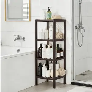 4-Tier Natural Bamboo Shelf, Narrow Slatted Wood Standing Rack – Towel Rack, Plant Stand, Corner Shelf for Bathroom