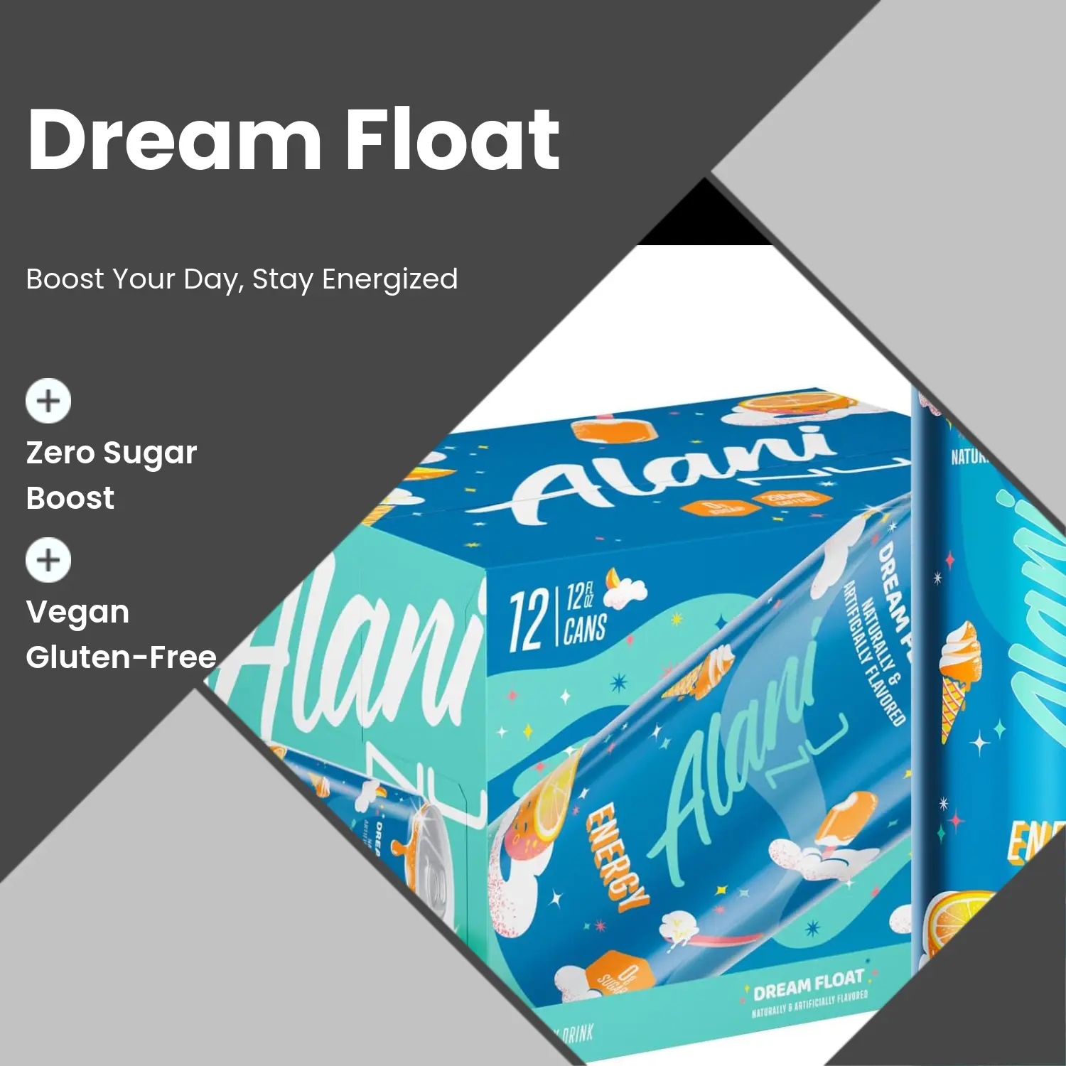Alani Nu DREAM FLOAT Low Sugar Caffeinated Energy Beverage - Sugar-Free, 10 Calories, 200mg Caffeine, Biotin, B Vitamins, Fitness Fuel, Energy and Focus, 12 fl oz Cans, 12 Pack