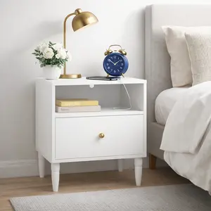 Modern White Nightstand with Drawer and Open Shelf, Gold Knob