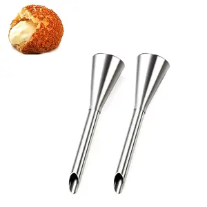 2Pcs Stainless Steel Puff Nozzles, Long Tip Icing Piping Nozzle, Cream Filling Decorating Tip Set, Reusable Food Grade Stainless Steel Baking Pastry Tool, Professional Dessert Cake Puff Decorating Nozzle for Home Kitchen Bakery DIY Baking Making Supplies