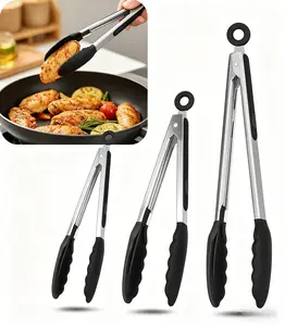 600ºF Heat Resistant Kitchen Tongs, Premium Locking Cooking Tongs with Silicone Tips, Non-Slip Food Tongs for Cooking, Non-Stick, Heavy Duty Stainless Steel Handle, Set of 7" 9" and 12" Black