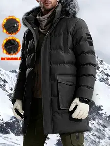 Men's Winter Thickened Mid-Length Coat with Removable Fur Collar Hooded Jacket Fashion Casual Outdoor Zipper Cotton Coat with Large Side Pockets Suitable for Daily Outdoor Camping Wear Men's New Product
