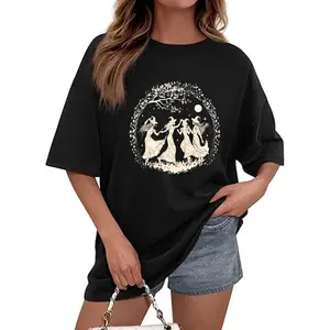 Boho Witch Style Women's T-Shirt Moon And Stars Dancing Witches Pattern Autumn Winter Gift For Her