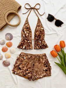 Women's Halter Neck Backless Top & Slim Fit Shorts Set Womenswear Fashion Stylish spring and summer essential, perfect for work, daily casual, vacation, parties, dates, cocktail events, banquets, concerts and various occasions.