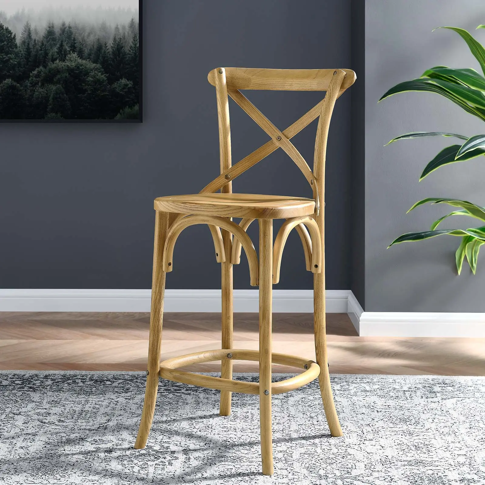 Modway Gear Counter Stool - Natural Wooden Chair, Rustic Modern Farmhouse Durable Indoor Home Bar Furniture with X-Brace Back, Stretchers Between Splayed Legs for Kitchen Area