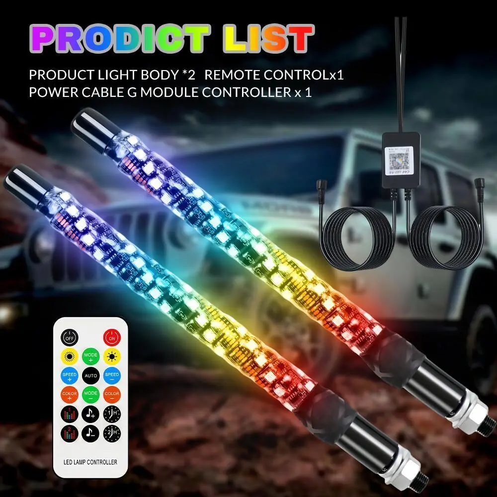 【Black Friday】2-Pack 1FT Spiral LED Whip Antennas for Can-Am X3, RZR Off-Roaders - 12V DC Power, Colorful Backlight, LED Illuminated, Customizable RGB, Turn Signal, Aluminum Base, Bluetooth App, IP67 Waterproof UTV/ATV Lights