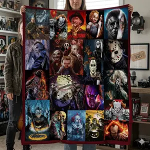 Classic Horror Movie Style Flannel Sherpa Blanket, Soft Warm Cozy Throw for Bed Sofa, Spooky Halloween Room Decor Birthday Christmas Gift