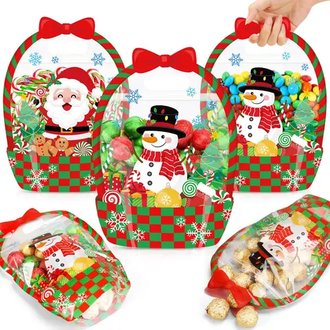 25/50 Pcs Christmas Goodie Bags Thanksgiving Plastic Candy Bags Autumn Gift Bags with Handle Snowman Santa Claus Pattern Transparent Trick or Treat Bags for Teacher Students Office Employee Coworker,Xams Halloween Birthday Party Favor