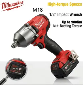Milwaukee 18v brushless impact wrench with led light 900Nm High Torque Power for Auto & Truck Repair with 1 Battery & 1 Charger milwaukee