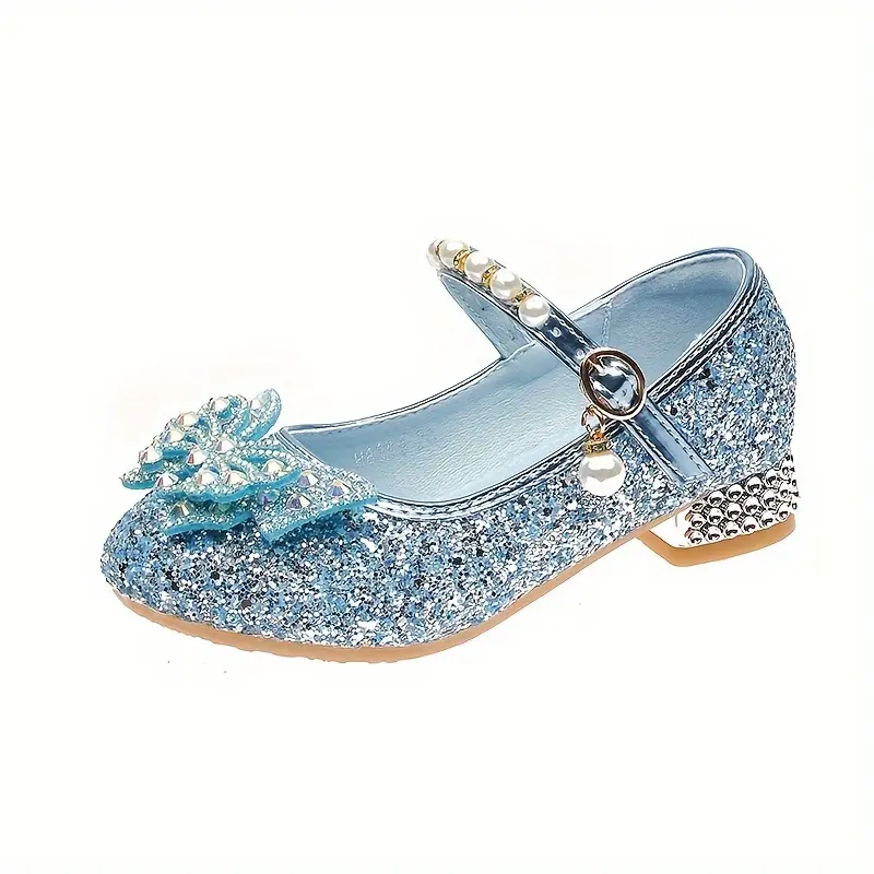 Girls' Princess Heeled Sandals with Sparkly Sequins, Open Toe, Butterfly & Pearl Accents for Parties, Sparkly Sandals, Childrens Sandals