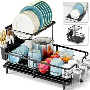 2 Tier  Drying Rack, Expandable Dish Rack for Kitchen Counter, Adjustable Over The Sink Dish Drainer, Large Multifunctional Dish Strainer with Removable Top Shelf for in Sink Use, Black