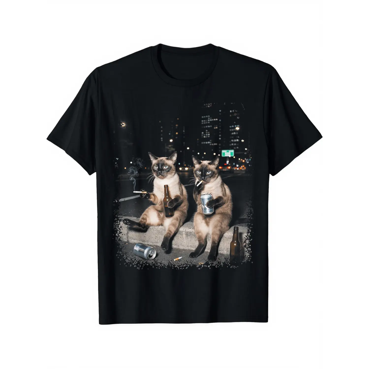 100% Cotton Funny 2 Smoking Siamese Cats Drinking Beer Meme T-Shirt Unisex Clothing Streetwear
