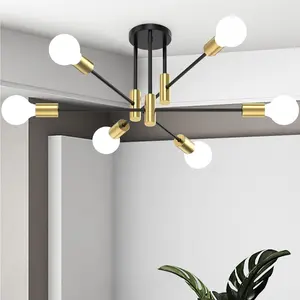 Modern Sputnik Chandelier, 6-Light Medieval Industrial Metal Semi-Embedded Fixture, and Gold, for Bedroom, Dining Room, Living Room, Kitchen, Hallway, Office, Lighting Fixture