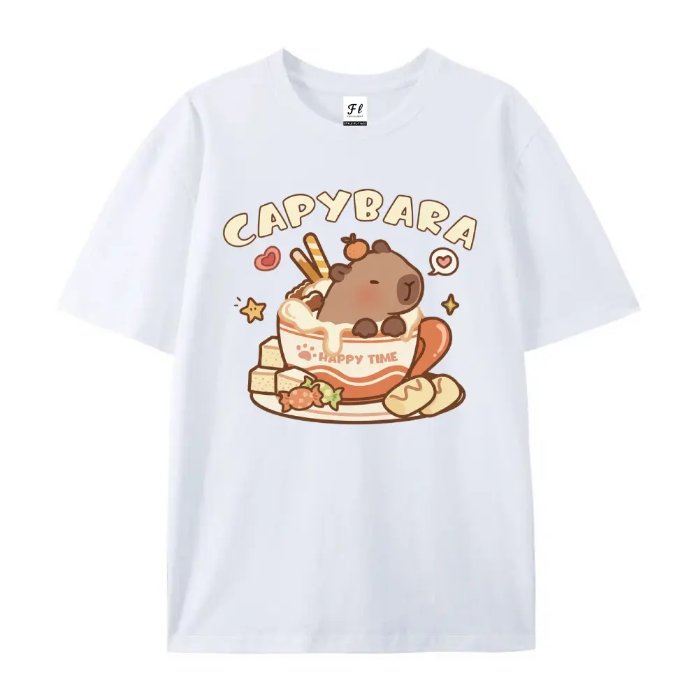 Unisex Kawaii Capybara Graphic Short Sleeve Sports Top - 100% Cotton, Oversized Fit, Drop Shoulder, Round Neck, Custom Animal Theme Print, Casual Summer Streetwear Tee (S, XXL)