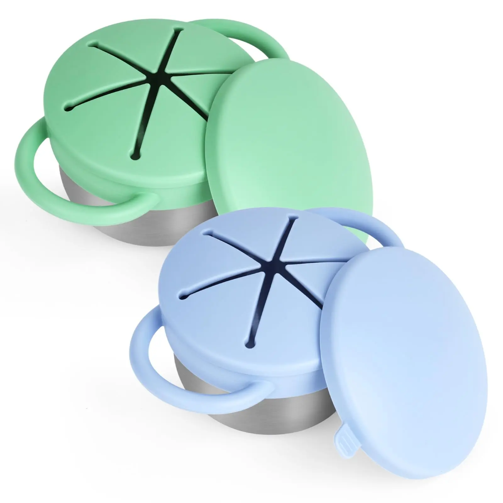 Leak-Proof Toddler Snack Cup Set, Detachable Stainless Steel Body with Silicone Lid and Soft Handle, Dishwasher Safe, Baby Food Grade