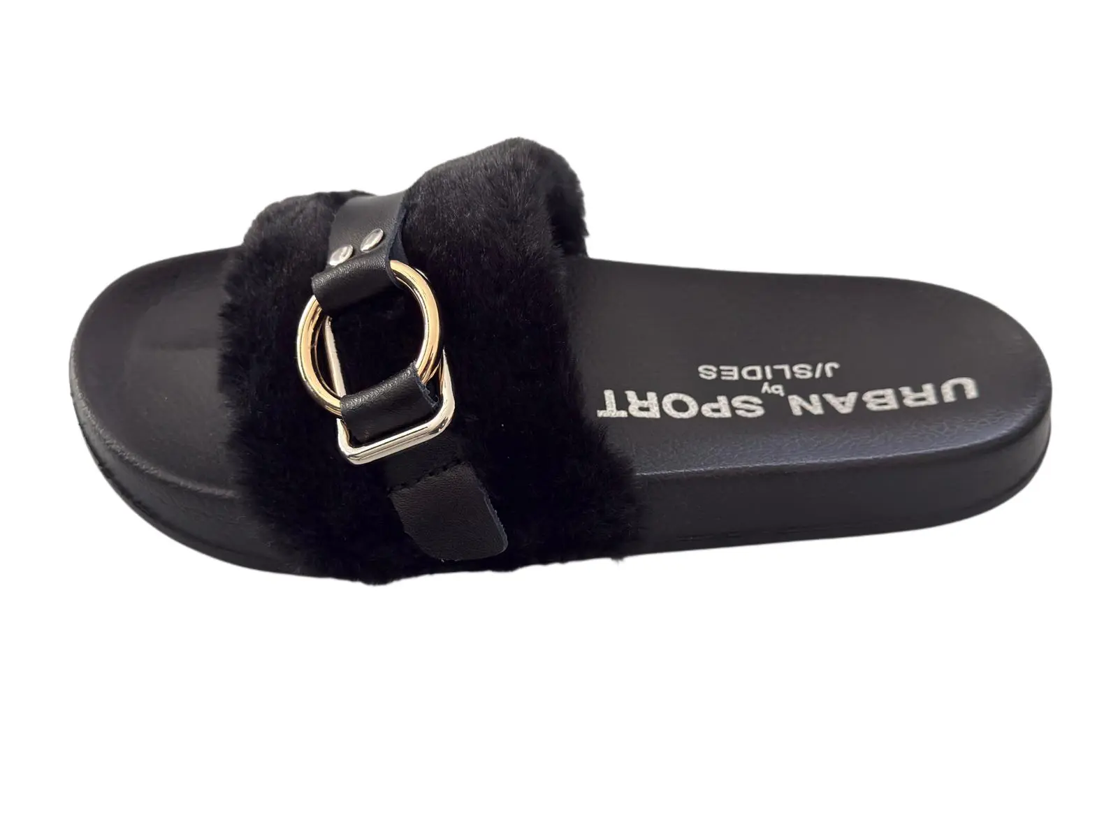 Urban Sport by J/Slides Womens Gold Buckle Slide Sandals Black Faux Fur