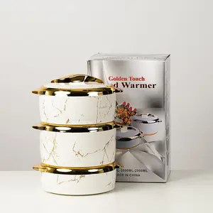 Luxury 3-Piece 2.6/2.1/1.6qt Thermal Casserole Dish Set with Lids, Insulated Stainless Steel Container for Hot & Cold Food, Serving Bowl for Buffets/Parties-Marble White