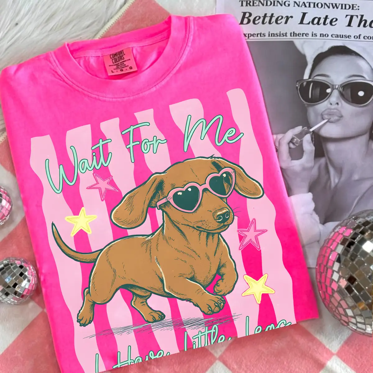 Comfort Colors Cute Dachshund Dog Shirt, Funny Wiener Dog Wait For Me Tee, Retro Little Legs Graphic T-Shirt, Whimsical Preppy Dog Mom Unisex Top