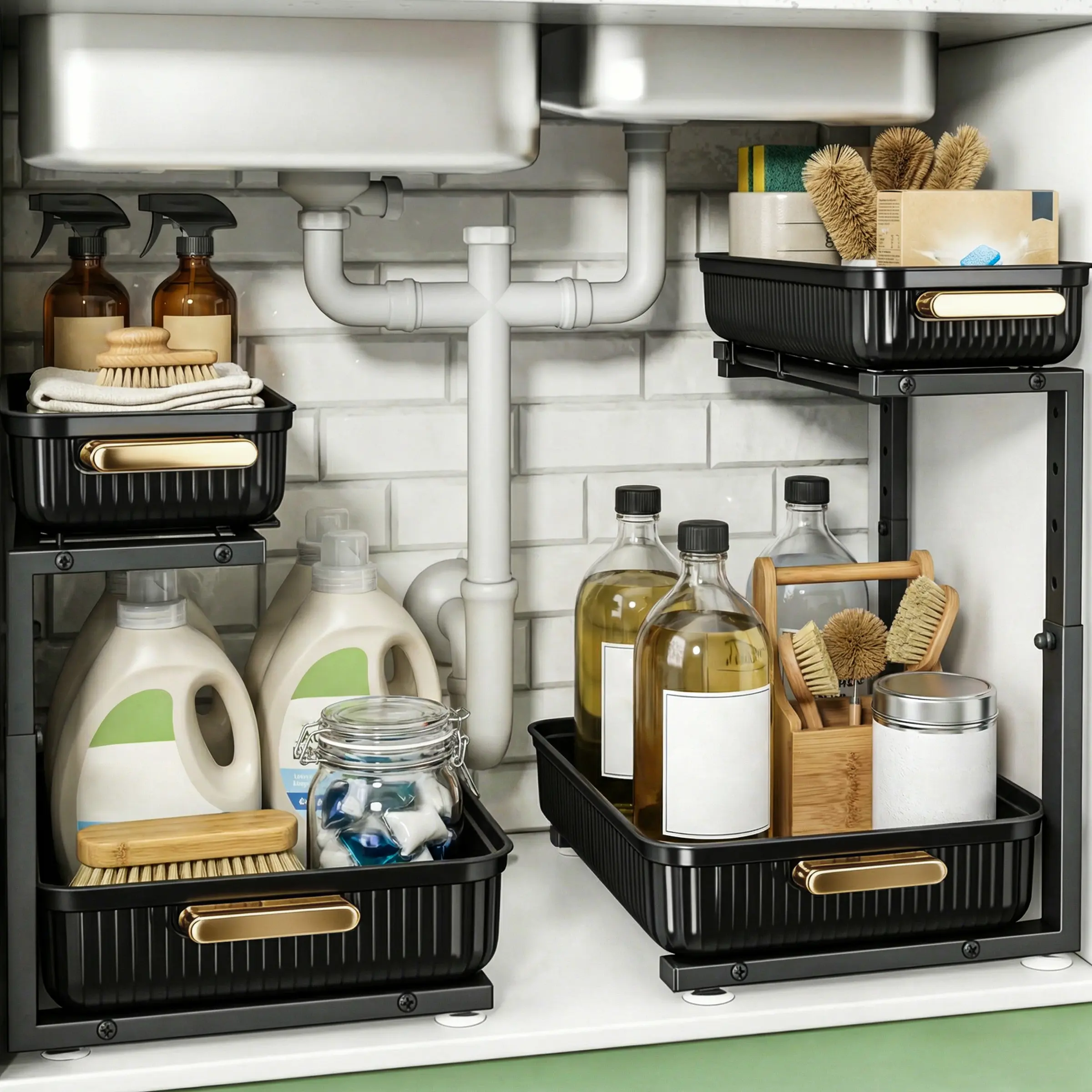 2-Pack Under Sink Multipurpose Storage Organizer Racks - Maximize Kitchen Space, Declutter - Black & Clear