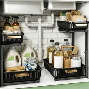2-Pack Under Sink Multipurpose Storage Organizer Racks - Maximize Kitchen Space, Declutter - Black & Clear