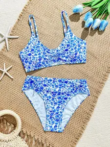 BELLORA Tween Girls Ditsy Floral Bikini Sets,2 Pieces Swimsuit With Side Strings,Elegant White Summer Tropical Beach Vacation Holiday Bathing Suits For Teens