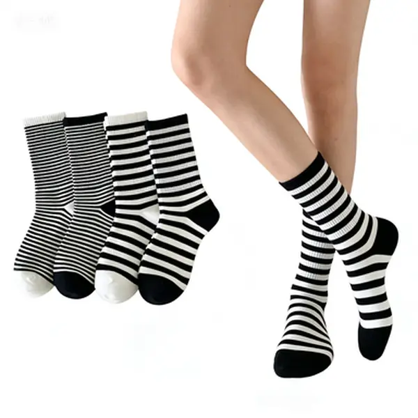 4pairs Black And White Striped Mid-Calf Socks, Easy Versatile Athletic Couple Trendy Fashion Socks For Womne Compression  Long Socks