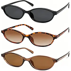 3 PCS Retro Oval Sunglasses for Women Chic Cat Eye 90s Sunnies Lightweight Narrow Shades Trendy UV Protection Sunglasses Vintage Rich Girl Sunglasses Women Sunglasseswomen summerwins