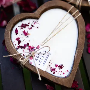 Large Heart Wood Dough Bowl Candle / Petal Rose Candle/ Soy Wax Candle / Love Engagement Wedding Bridal Mother's Day Decor Decoration Gift Light Farmhouse