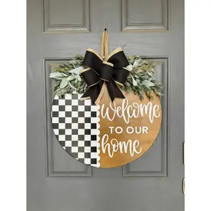 Front Door Hanger | Welcome To Our Home Door Hanger | Checkered Door Hanger | Year Round Wreath | Front Door Wreath | Housewarming Gift | Artificial Eucalyptus Garland
